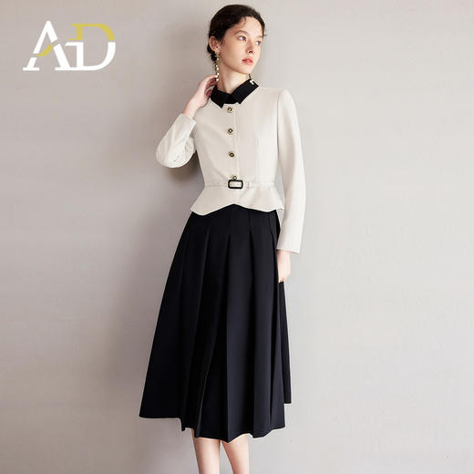 AD黑白拼色小翻领西装伞裙套裙女2025春季新款假两件职业装连衣裙 商品图2