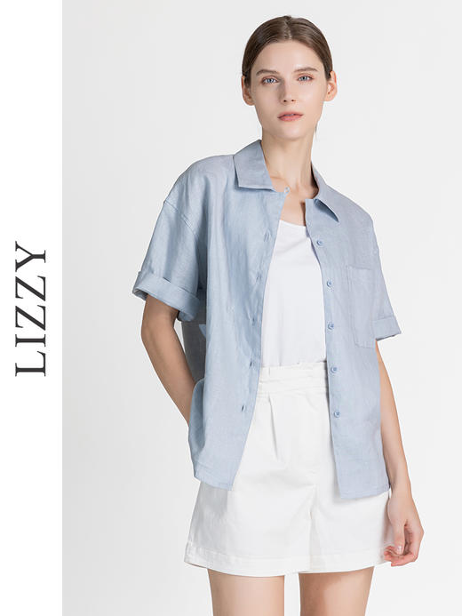 LIZZY简约休闲通勤宽松亚麻百搭短袖衬衣8129 商品图0
