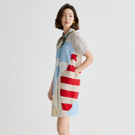 谜底连衣裙短袖女2025夏新品复古风度假衬衫裙H型中长裙252ML0653 商品图0