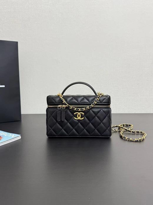 香奶奶 25P 金扣 金属拉丝徽标链条 荔枝纹牛皮 单肩斜挎手提包 女款 黑色/白色（HH） 商品图0