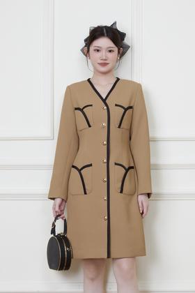 Le Malene 卡其色小香风明线收腰连衣裙 19878