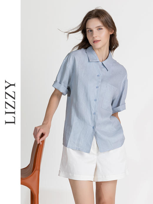 LIZZY简约休闲通勤宽松亚麻百搭短袖衬衣8129 商品图1