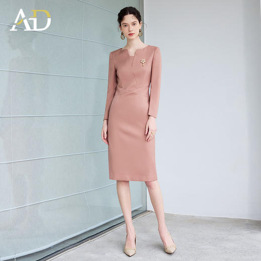 AD温柔气质连衣裙高级感小V领粉色西装裙春季2025新款长袖职业装 商品图0