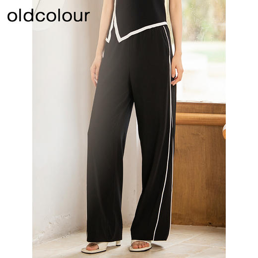 oldcolour夏季新款黑色撞色松紧腰阔腿简约休闲长裤女Q210704A1 商品图0