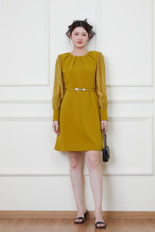 Le Malene 黄绿色拼接式圆领高腰连衣裙 19891 商品图1