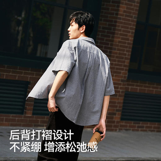 森马短袖衬衫男日系复古条纹衬衣纯棉2025夏季新款半袖外套肌理感 商品图2
