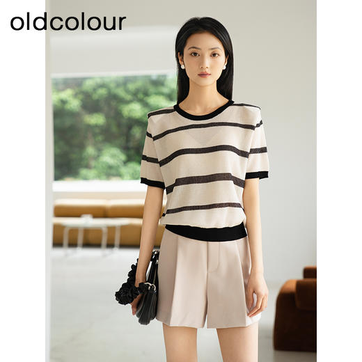 oldcolour夏季新款时尚简约条纹圆领宽松百搭针织上衣女Q220504A1 商品图0