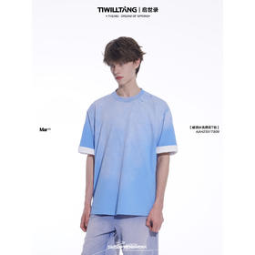 启世录TIWILLTANG趣味破洞水洗绣花T恤夏季宽松百搭男生短袖纯棉