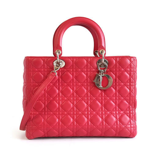 【95新】Dior迪奥Lady Dior手袋玫红色银扣七格戴妃包手提单肩包女士现售价：5500！050325AI25 商品图0