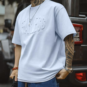 工装优选美式休闲3D印花纯棉钢印T恤淡蓝透气宽松高街短袖男春夏