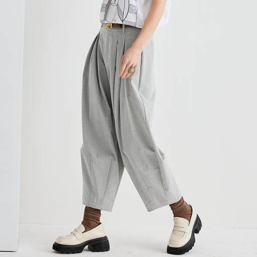 谜底休闲裤女2025夏季新品通勤花灰双褶宽松萝卜九分裤252MK0542 商品图1