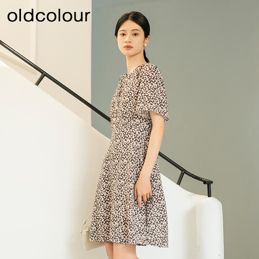 oldcolour夏季新款优雅气质高腰A字短袖碎花连衣裙女Q241005A1 商品图1