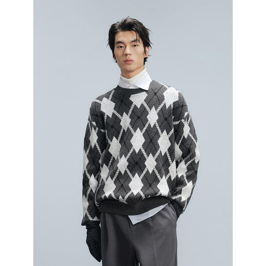 GXG男装 灰白格绞花针织衫男通勤毛衣 24年冬G24X204030 商品图4
