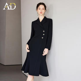 AD黑色鱼尾连衣裙赫本风高级感2024新款女春季性感裙子职业西装裙