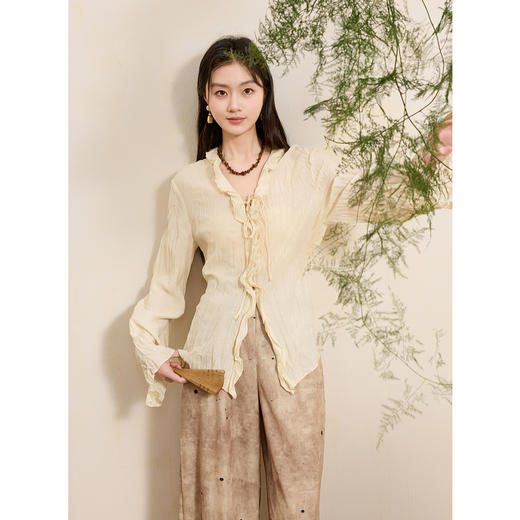 三彩【世事如烟】2025夏季新款新中式小衫醋酸荷叶边衬衫长袖C 商品图3