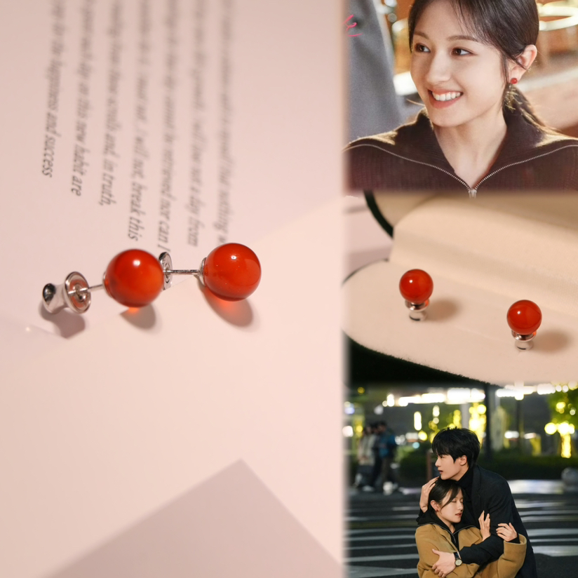 甄珠贝 李兰迪*款 纯天然红玛瑙耳钉 8mm 925银针