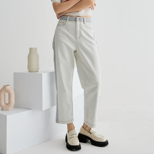 谜底牛仔裤女2025夏季新品撞色拼接烟管合身直筒九分裤252MK0694 商品图0