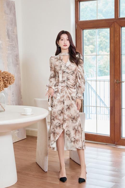 Le Malene 浪漫优雅丝绒印花飘带连衣裙 19543 商品图2