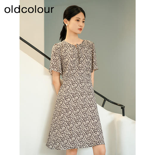 oldcolour夏季新款优雅气质高腰A字短袖碎花连衣裙女Q241005A1 商品图0