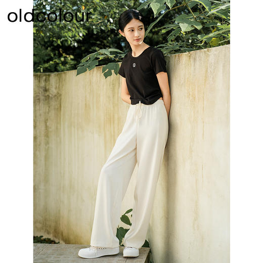 oldcolour夏季新款纯色高腰系带松紧腰直筒休闲长裤女Q240706A1 商品图2