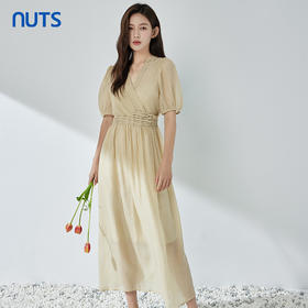 NUTS夏季新品V领纯色时尚优雅气质长款短袖连衣裙325101309