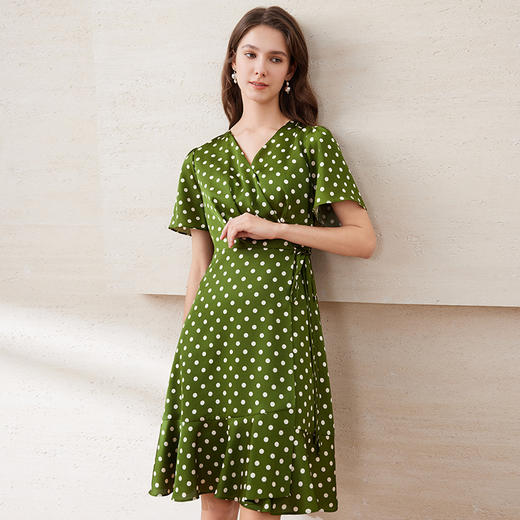 EITIE爱特爱复古绿色波点V领收腰X型显瘦清新连衣裙2025夏季新款B2507616 商品图2