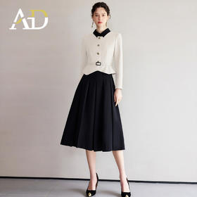 AD黑白拼色小翻领西装伞裙套裙女2025春季新款假两件职业装连衣裙