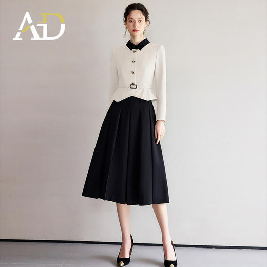 AD黑白拼色小翻领西装伞裙套裙女2025春季新款假两件职业装连衣裙 商品图0
