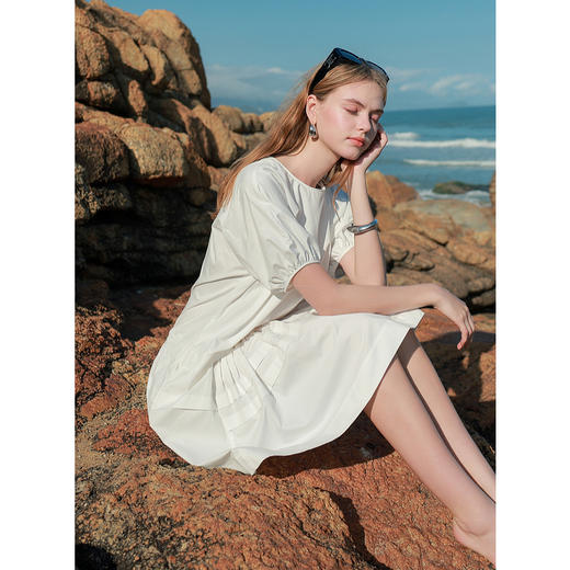 三彩2025夏季新款纯棉小白裙宽松娃娃裙圆领灯笼袖连衣裙中裙M 商品图2