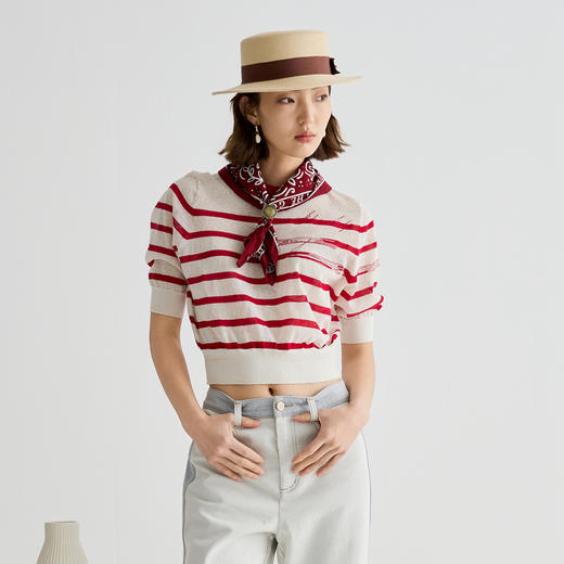 谜底针织衫短袖女2025夏季新品复古文艺宽松T型短毛衣252MZ0883 商品图0