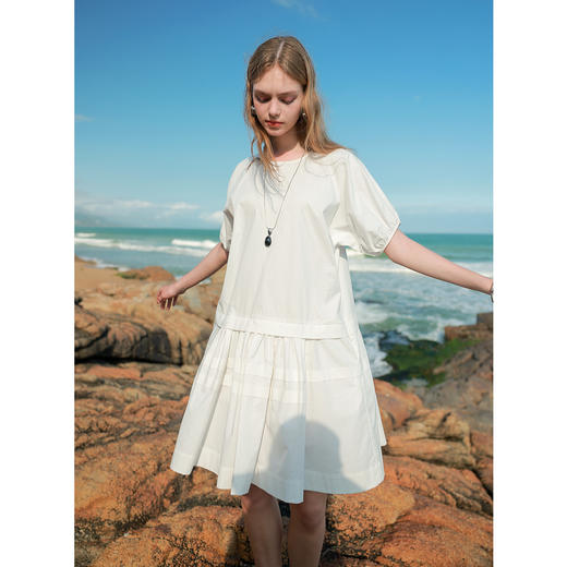 三彩2025夏季新款纯棉小白裙宽松娃娃裙圆领灯笼袖连衣裙中裙M 商品图3