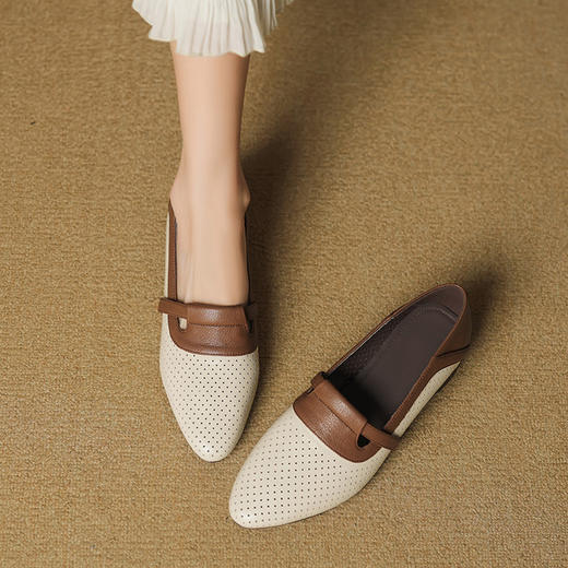 【预售5天】法式拼色软皮低跟单鞋女新款春季圆头中口洞洞鞋一脚蹬小皮鞋YCJX&H-7395 商品图3