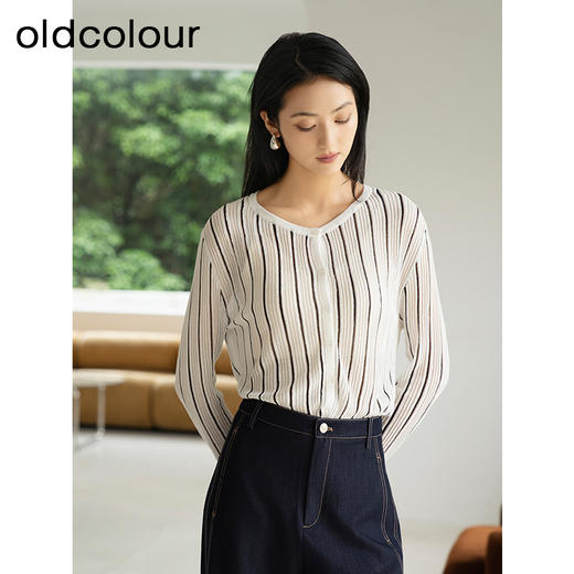 oldcolour夏季新款简约气质条纹设计感百搭长袖短外套女Q220505A1 商品图0