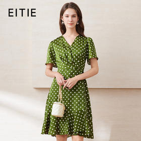 EITIE爱特爱复古绿色波点V领收腰X型显瘦清新连衣裙2025夏季新款B2507616