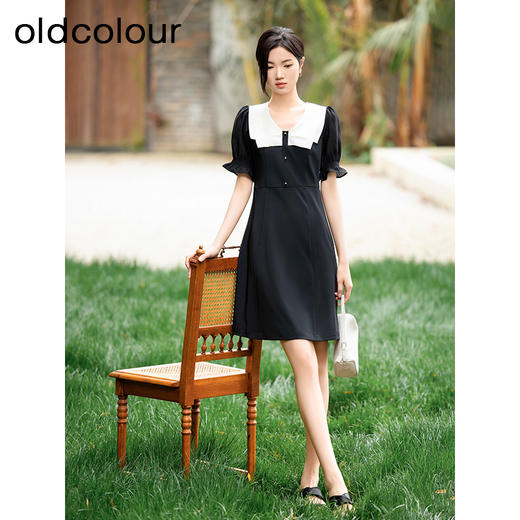 oldcolour夏季新款黑色优雅气质撞色减龄短款连衣裙女Q211003A1 商品图0