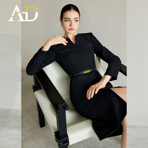 AD小香风连衣裙女气质开叉包臀裙2025新款黑色编织肌理感西服裙子 商品图0