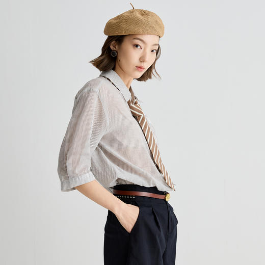 谜底衬衫七分袖女2025夏季新品通勤条纹绣花宽松H型衬衣252MC0570 商品图1