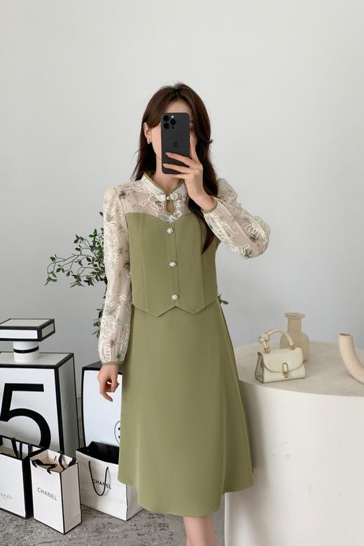 Le Malene 绿色新中式水滴领拼接式连衣裙 19783 商品图2