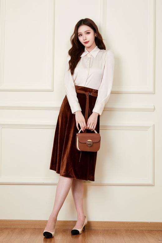 Le Malene 棕色中长款丝绒腰带半裙 19907 商品图3