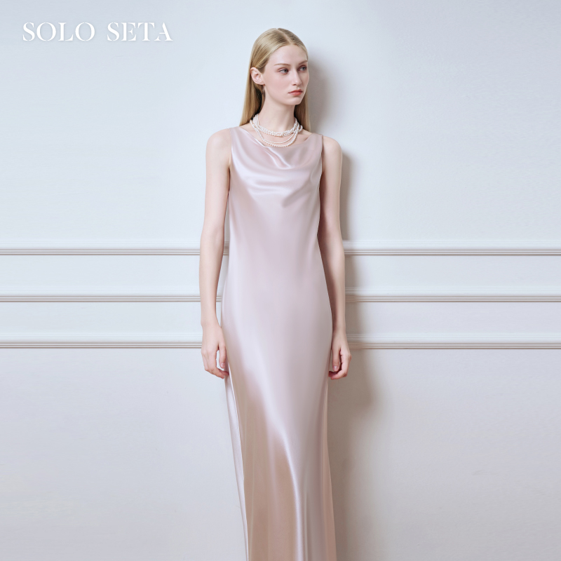 Solo seta22姆米女士真丝荡领纯色睡裙桑蚕丝连衣长裙2025秋新款