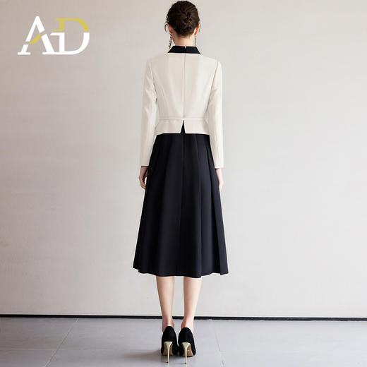 AD黑白拼色小翻领西装伞裙套裙女2025春季新款假两件职业装连衣裙 商品图4