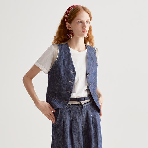 谜底牛仔马夹无袖女2025夏季新品复古风合身X型短马甲252MM0560 商品图1