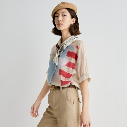 谜底衬衫短袖女2025夏季新品复古风通勤宽松H型中长衬衣252MC0557 商品图1