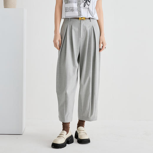 谜底休闲裤女2025夏季新品通勤花灰双褶宽松萝卜九分裤252MK0542 商品图0