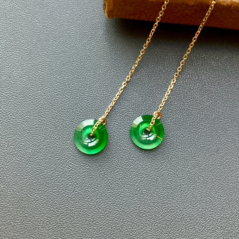 高冰到玻璃种阳绿翡翠平安扣耳线18k黄金镶嵌