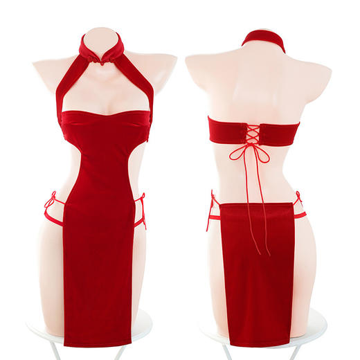 霏慕高开衩分片绑带丝绒国潮旗袍情趣内衣性感纯欲裸臀套装6701 商品图4