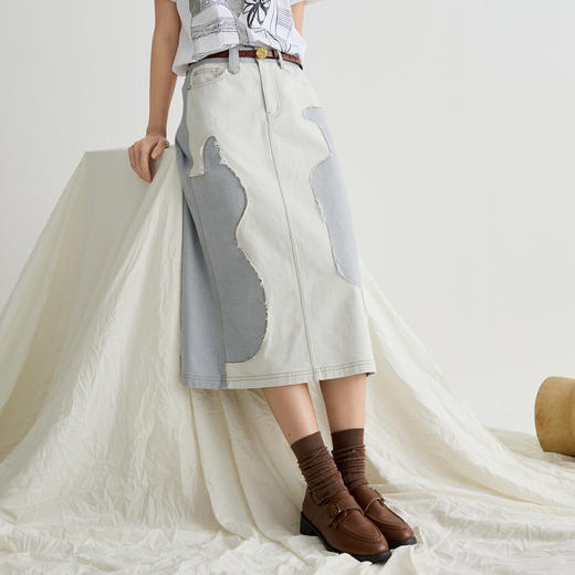 谜底半身裙女2025夏季新品通勤拼接设计宽松A型中长半裙252MB0571 商品图0