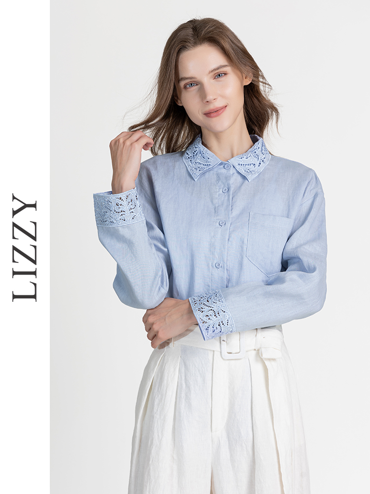 LIZZY春夏精致亚麻刺绣领百搭通勤长袖衬衣8132
