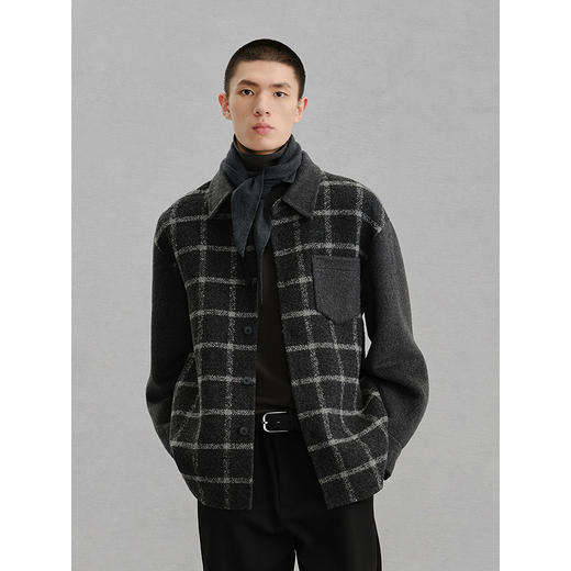 GXG男装 灰格拼接设计通勤短款大衣24冬热卖G24X064017 商品图3