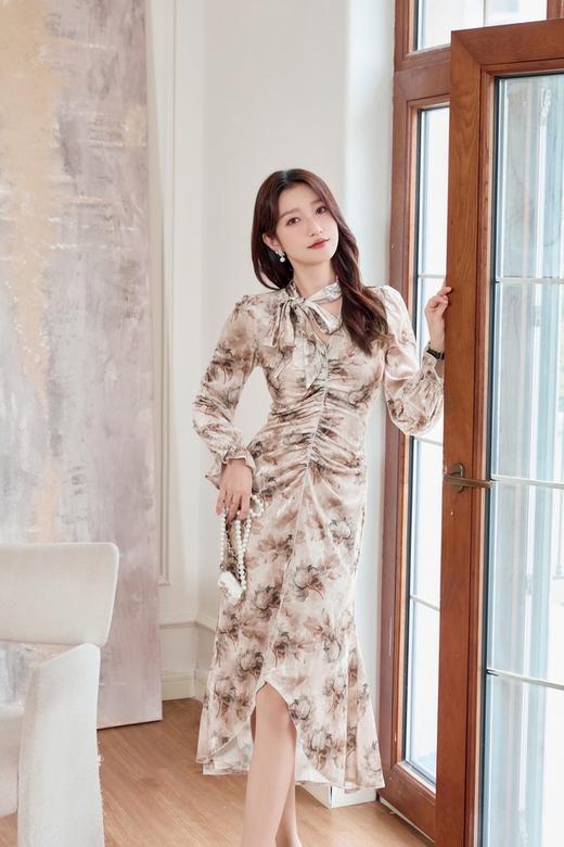 Le Malene 浪漫优雅丝绒印花飘带连衣裙 19543 商品图4